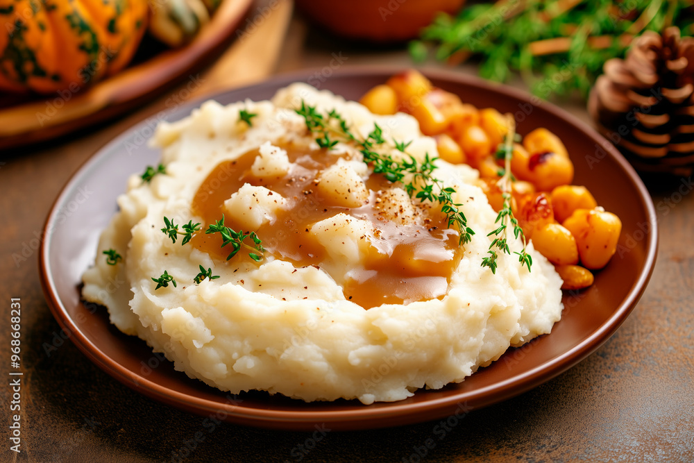 Plate of creamy mashed potatoes topped with rich gravy and herbs on a rustic wooden table. Concept for Thanksgiving day Plate of creamy mashed potatoes topped with rich gravy and herbs on a rustic wooden table. Concept for Thanksgiving day