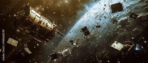 A cluster of defunct satellites in space amid a field of debris floating against the vast expanse of the galaxy