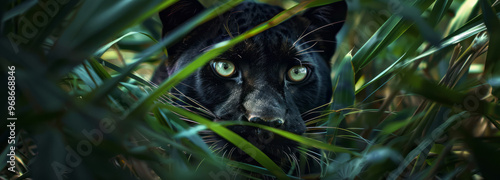 A panther with eyes peeking out from the jungle, hidden in shadows and grasses, ready to pounce.