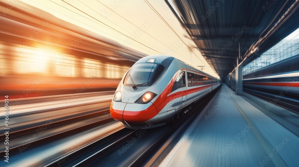 Close-up of a high-speed train in motion, with a sleek, aerodynamic design and blurred background, emphasizing its speed and modern engineering. Close-up of a high-speed train in motion, with a sleek, aerodynamic design and blurred background, emphasizing its speed and modern engineering.