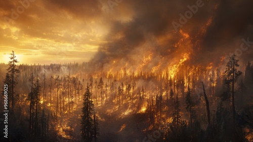 Global extinction event visualizing environmental collapse with burning forests, toxic skies, and collapsing ecosystems reflecting end-of-world themes