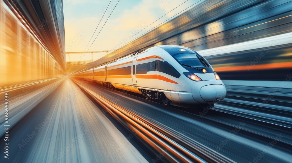 Close-up of a high-speed train in motion, with a sleek, aerodynamic design and blurred background, emphasizing its speed and modern engineering. Close-up of a high-speed train in motion, with a sleek, aerodynamic design and blurred background, emphasizing its speed and modern engineering.