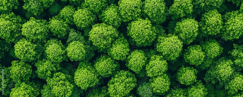 Naklejka premium Aerial view of vibrant green trees showcasing the lush foliage and natural beauty of a forest landscape.
