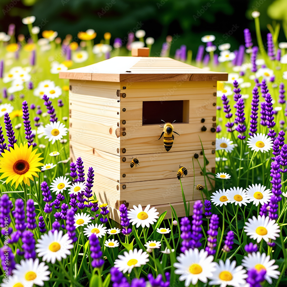 An eco-friendly beehive in a flower-filled meadow, surrounded by blooming plants that support pollinators and wildlife. An eco-friendly beehive in a flower-filled meadow, surrounded by blooming plants that support pollinators and wildlife.