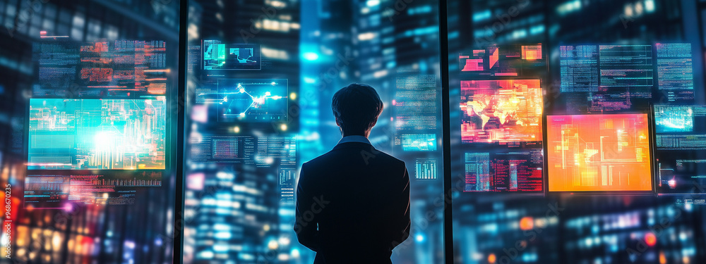 A businessman stands in a modern office, analyzing financial data on multiple digital screens with a cityscape view in the background. A businessman stands in a modern office, analyzing financial data on multiple digital screens with a cityscape view in the background.