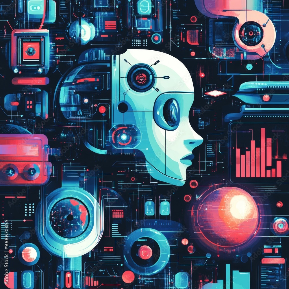 Obraz premium Futuristic Cyborg Head Digital Interface Technology Background