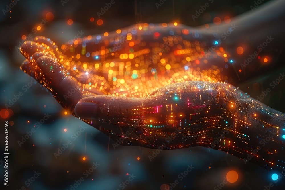 Two hands cupped together with glowing abstract particles, like digital dust. Two hands cupped together with glowing abstract particles, like digital dust.