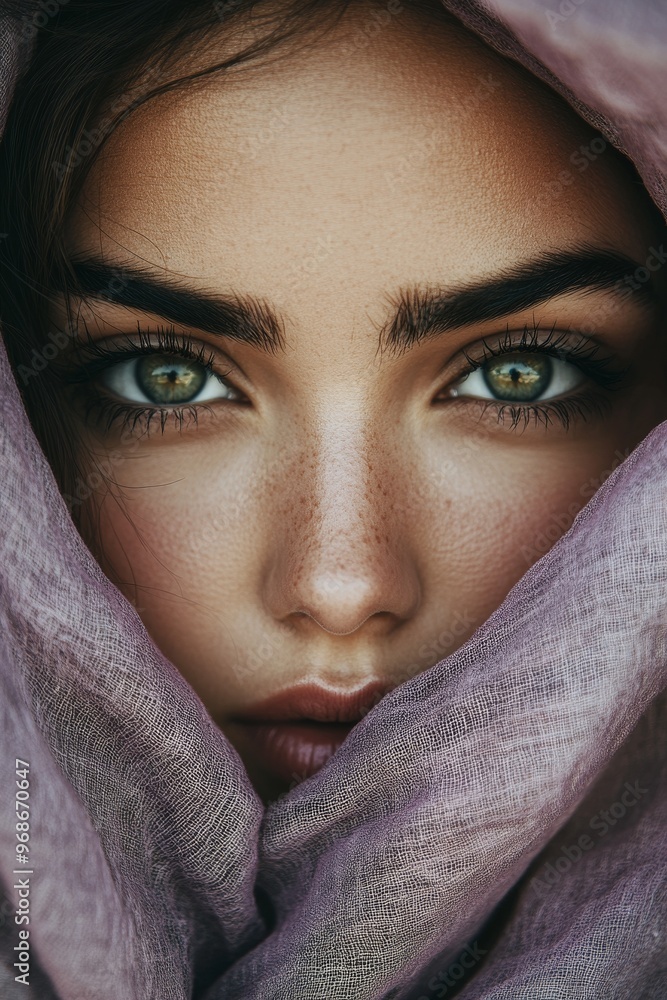 An Arab woman poses gracefully, her hazel-green eyes bright against her light skin. The soft daylight highlights her natural beauty and the elegance of her hijab An Arab woman poses gracefully, her hazel-green eyes bright against her light skin. The soft daylight highlights her natural beauty and the elegance of her hijab