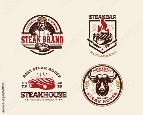 set vintage grill meat steak shop logo template for business company