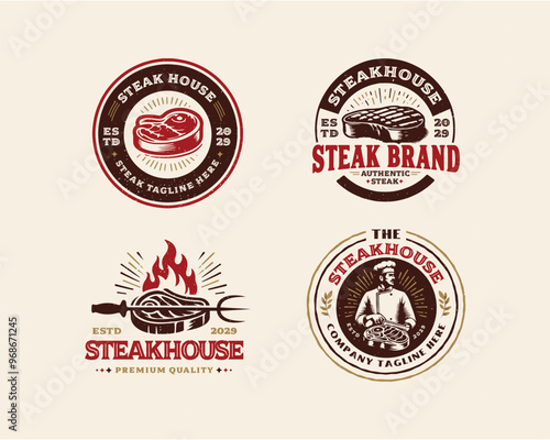 set vintage grill meat steak shop logo template for business company