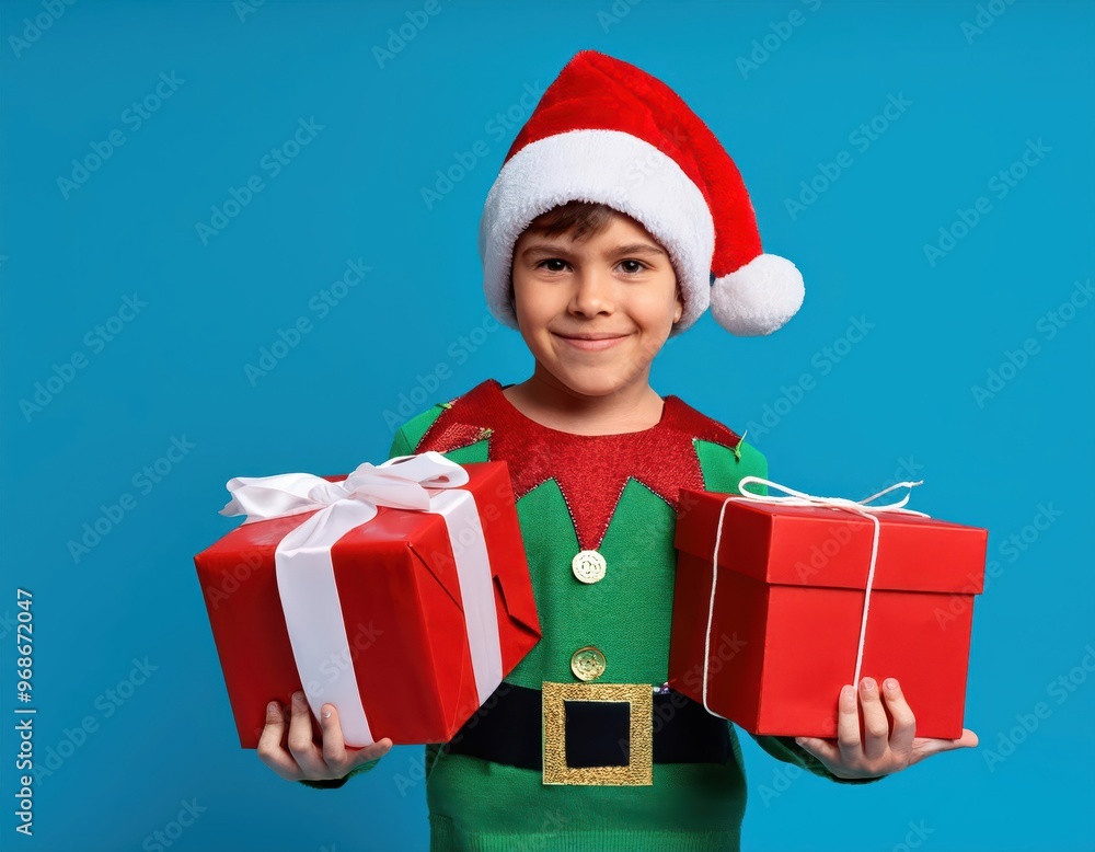 Little boy in Santa hat and elf costume holding two red gift boxes against a blue background Little boy in Santa hat and elf costume holding two red gift boxes against a blue background