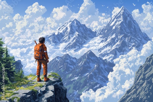 Retro Pixel Character Climbing a Mountain in an 8-Bit RPG Adventure - Exploration in a Colorful Pixelated World