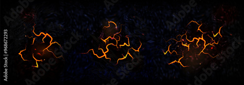 Lava crack with fire. Red volcano floor effect. Broken land and volcanic destruction on black background. Realistic thunderbolt energy line. Neon crash flame top view. Gold land break design