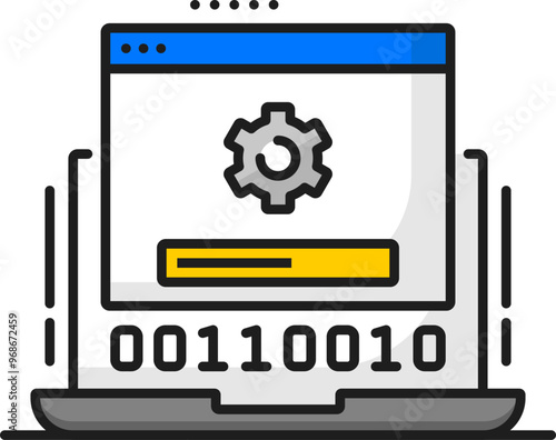 Laptop system or software update color line icon. Computer driver upgrade, PC application or service software download outline vector pictogram with binary code on laptop screen and cogwheel