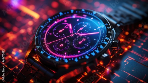 Wallpaper Mural Close-up of a sleek smartwatch featuring dark titanium material with colorful neon lights, showcasing intricate details and a modern aesthetic in a minimalistic style Torontodigital.ca