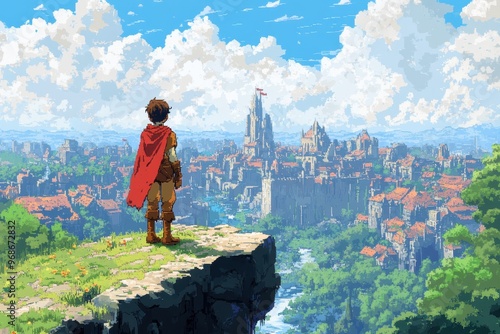 Pixelated Adventure: 8-Bit Hero Overlooking RPG Kingdom on Cliff Edge photo