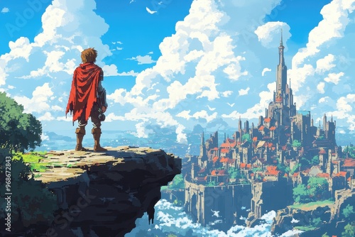Retro 8-Bit Pixel Hero Surveying Pixelated RPG Kingdom from Cliff - Vintage Video Game Adventure Concept