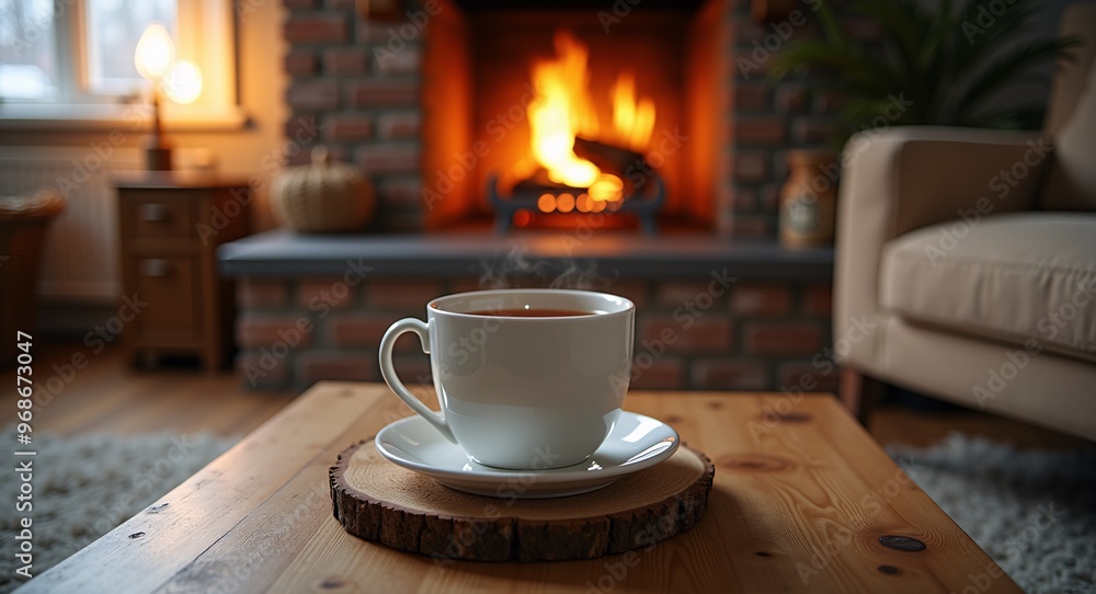 A mug of hot tea in a cozy living room with a fireplace. Cozy winter day. A mug of hot tea in a cozy living room with a fireplace. Cozy winter day.