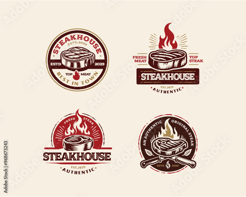 set vintage grill meat steak shop logo template for business company