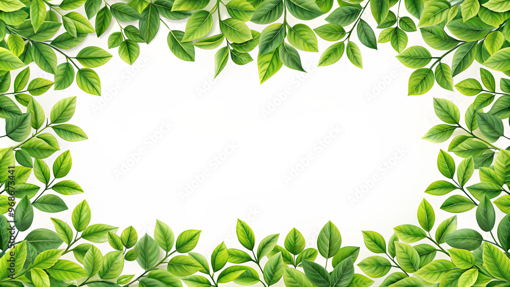A collection of various green leaves creates a natural frame around an empty space, perfect for showcasing art, text, or additional designs. The vivid greenery adds freshness