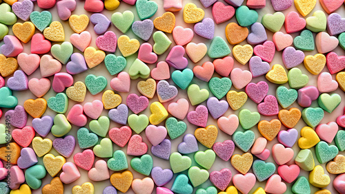 A vibrant assortment of heart-shaped candies in pastel colors covers a surface, creating a joyful display ideal for romantic occasions and festive celebrations