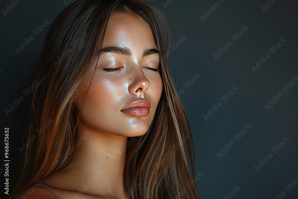 Naklejka premium Close-up portrait of a young woman with closed eyes, her face illuminated by soft light, highlighting her natural beauty.