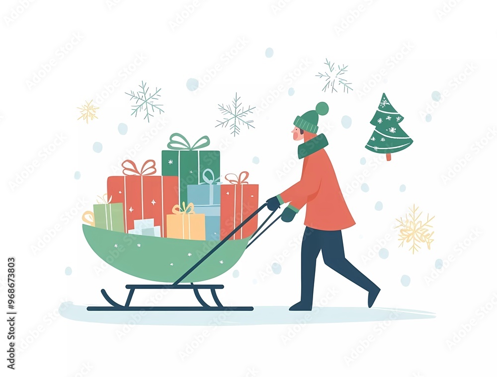 A person pulling an ice sled with many gift boxes on it, flat design illustration, vector graphic style, simple shapes, winter background, Christmas mood A person pulling an ice sled with many gift boxes on it, flat design illustration, vector graphic style, simple shapes, winter background, Christmas mood