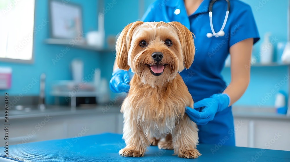 A happy dog receives veterinary care in a modern clinic with a friendly veterinarian in blue scrubs and gloves. A happy dog receives veterinary care in a modern clinic with a friendly veterinarian in blue scrubs and gloves.