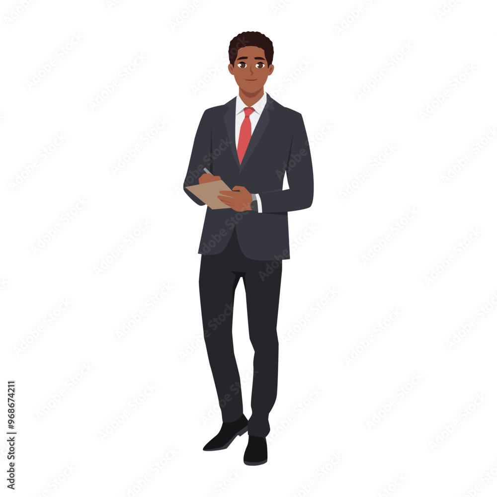 Young businessman holding clipboard. Flat Vector character illustration Young businessman holding clipboard. Flat Vector character illustration