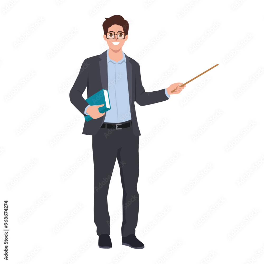 Business man teaching presentation with pointer and holding a book. Flat Vector character illustration Business man teaching presentation with pointer and holding a book. Flat Vector character illustration