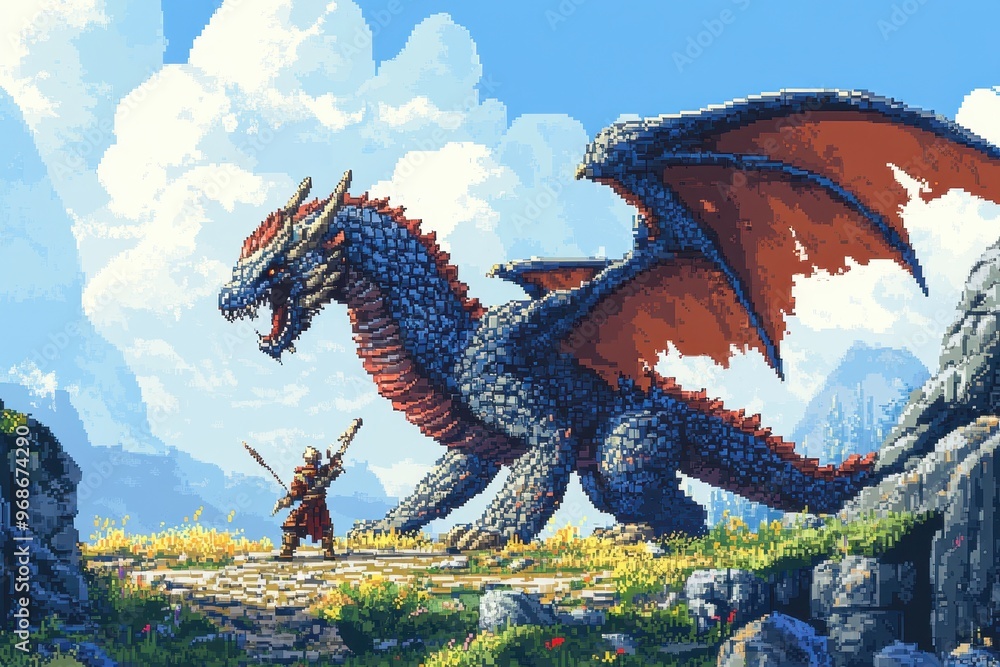 Pixel Warrior vs. Dragon - Retro RPG Battle in Classic 8-Bit Pixel Art ...