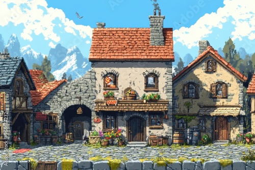 Nostalgic Pixel Village: 8-Bit RPG Overworld Life & Interactions with NPCs Trading Items