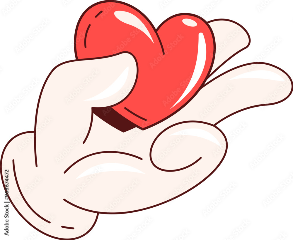 Retro Y2K groovy love heart in hand, cartoon comic art for Valentine day, vector icon. Groovy heart gift in retro cartoon animation style for love emotion sticker or wedding and marriage design Retro Y2K groovy love heart in hand, cartoon comic art for Valentine day, vector icon. Groovy heart gift in retro cartoon animation style for love emotion sticker or wedding and marriage design
