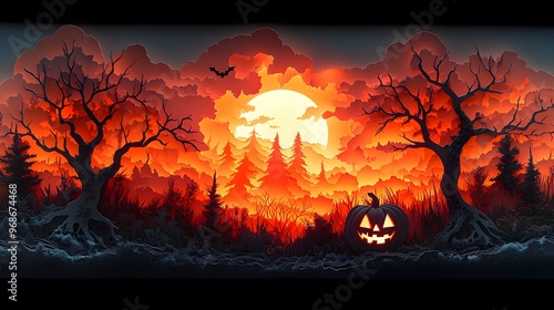 3D hallowween pumpkin Layer multiple pieces of cut paper to add depth. For example, place a spooky tree silhouette in the background and a jack-o'-lantern in the foreground