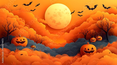 3D hallowween pumpkHappy Halloween banner or party invitation background with clouds, bats and pumpkins in paper cut style. Vector illustration. Full moon in orange sky, spiders web