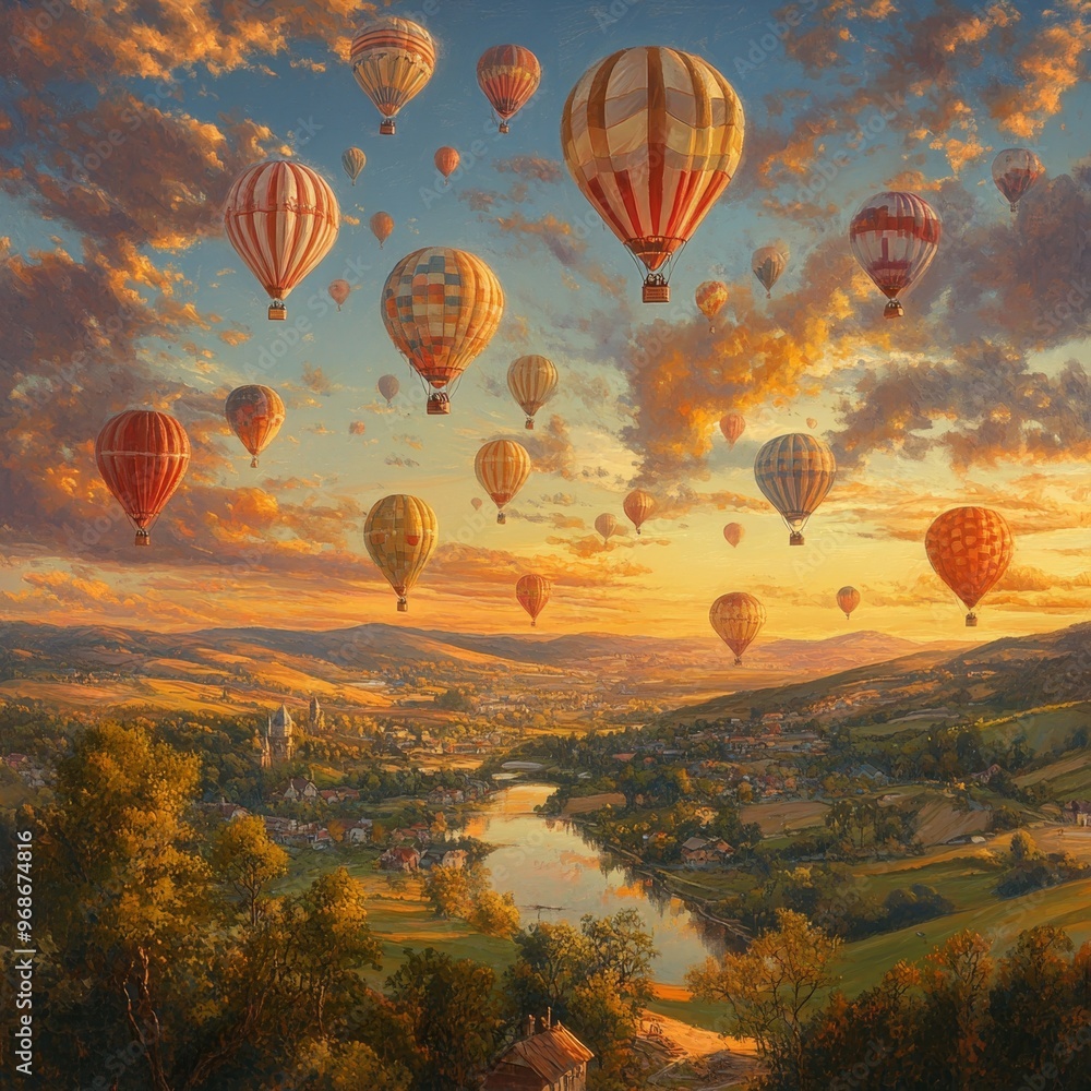 Naklejka premium Hot Air Balloons Sunset Over Countryside Landscape