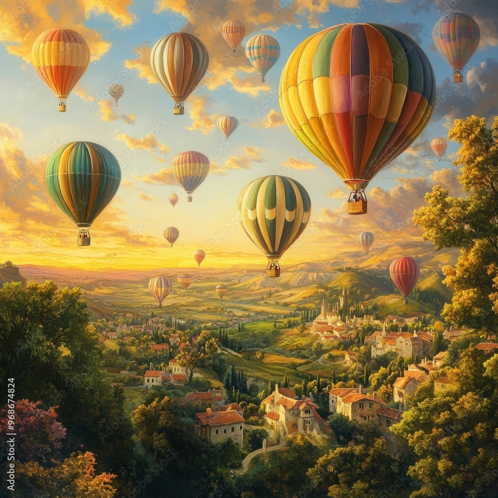 Fototapeta premium Hot Air Balloons Over Idyllic Rural Landscape at Sunset