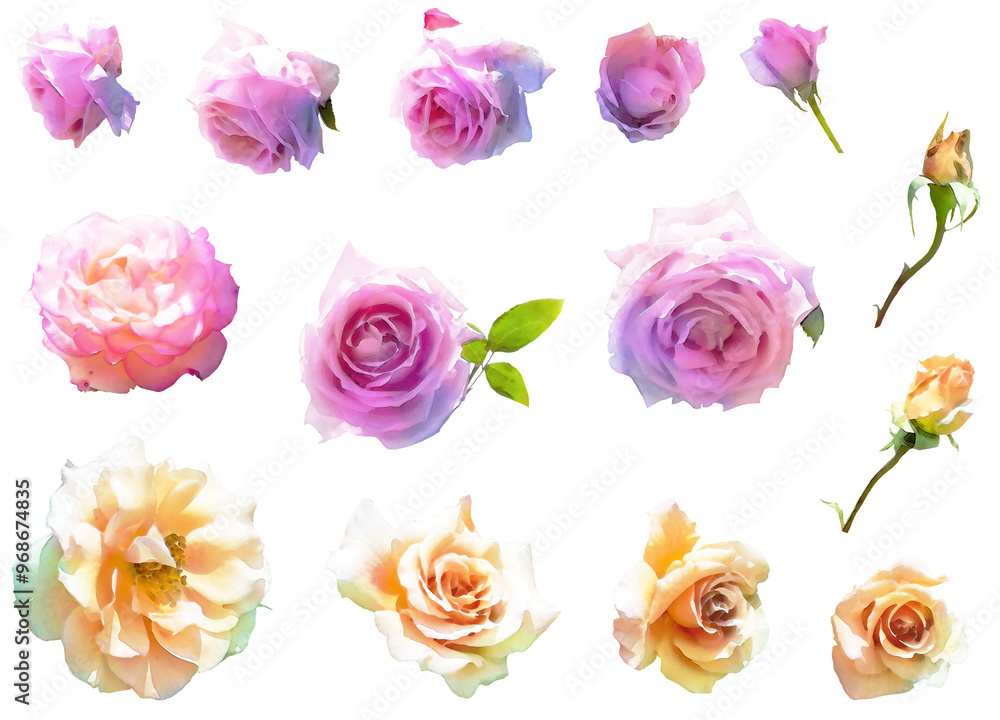 Fototapeta premium 薔薇のイラスト素材セット3（モーヴ、クリーム）