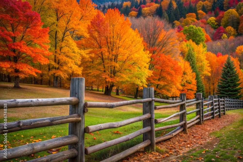 Hillside with vibrant autumn foliage and rustic fence Hillside with vibrant autumn foliage and rustic fence
