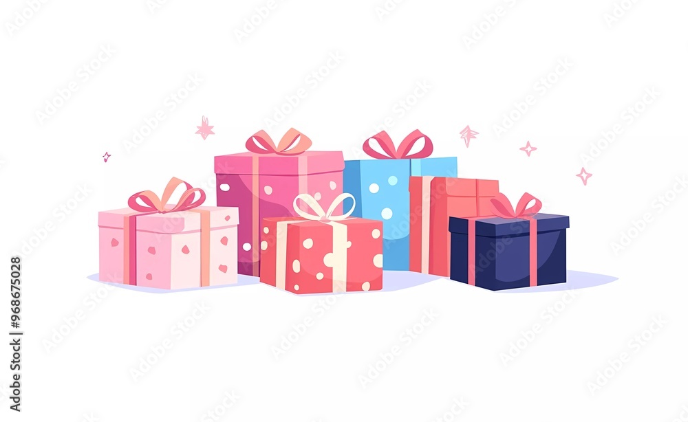 A pile of colorful gift boxes, a simple flat vector illustration with a white background, a warm color palette, a cozy atmosphere, a Christmas vibe, a birthday theme A pile of colorful gift boxes, a simple flat vector illustration with a white background, a warm color palette, a cozy atmosphere, a Christmas vibe, a birthday theme