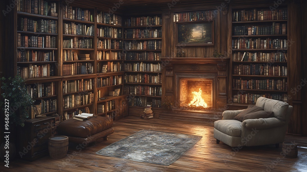 Photorealistic image of a cozy library with wooden bookshelves filled with old books a warm fire crackling in the fireplace and a soft armchair inviting relaxation Photorealistic image of a cozy library with wooden bookshelves filled with old books a warm fire crackling in the fireplace and a soft armchair inviting relaxation
