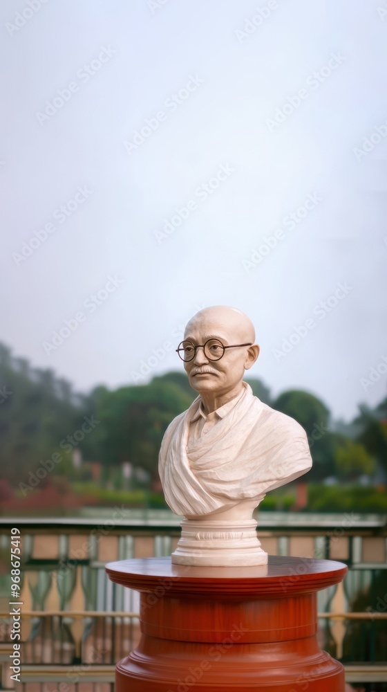 Mahatma Gandhi statue with mountains and sky in the background, symbolizing peace and resilience, celebrated on Gandhi Jayanti Mahatma Gandhi statue with mountains and sky in the background, symbolizing peace and resilience, celebrated on Gandhi Jayanti