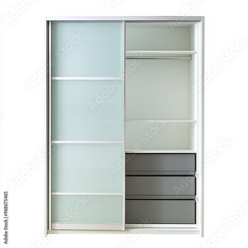 A modern wardrobe with sliding doors and multiple storage compartments.