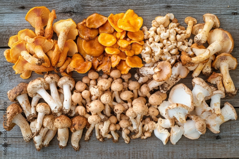 Assorted Mushrooms on an Old Wooden Table Assorted Mushrooms on an Old Wooden Table