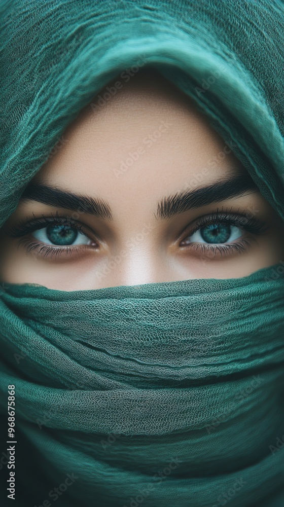An Arab woman dons a vibrant green hijab, elegantly framing her face, highlighting her mesmerizing blue eyes. The focus captures her serene expression in an intimate setting An Arab woman dons a vibrant green hijab, elegantly framing her face, highlighting her mesmerizing blue eyes. The focus captures her serene expression in an intimate setting