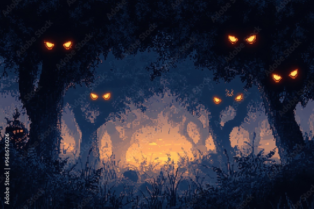 Retro RPG Pixel Art Dark Forest with Glowing Eyes - Spooky 8-bit Background for Gaming Retro RPG Pixel Art Dark Forest with Glowing Eyes - Spooky 8-bit Background for Gaming