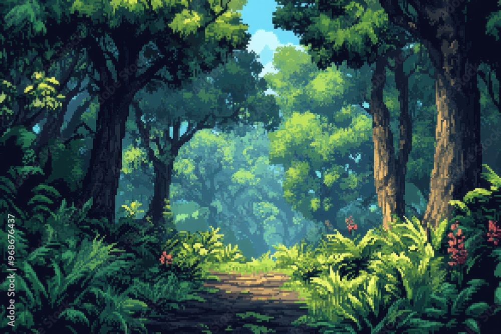 Fototapeta premium Pixelated Retro Jungle - 16-Bit RPG Adventure Background with Thick Trees and Wildlife