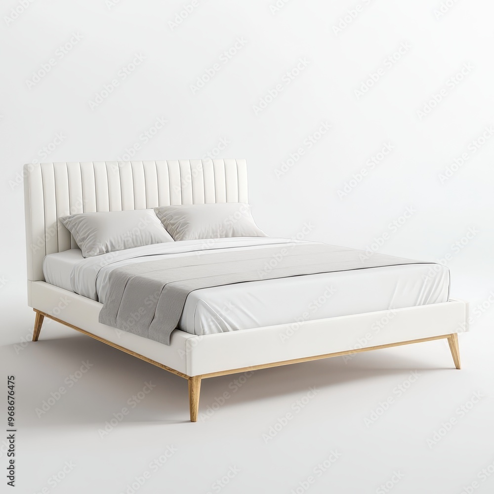 A modern white bed with a textured headboard and light bedding, designed for comfort and style. A modern white bed with a textured headboard and light bedding, designed for comfort and style.