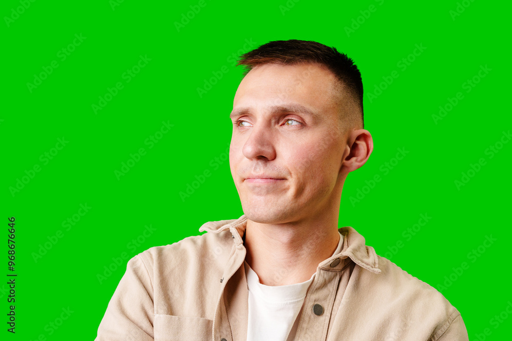 Young Man Wearing Casual Jacket Against Vibrant Green Background During Bright Indoor Setting Young Man Wearing Casual Jacket Against Vibrant Green Background During Bright Indoor Setting