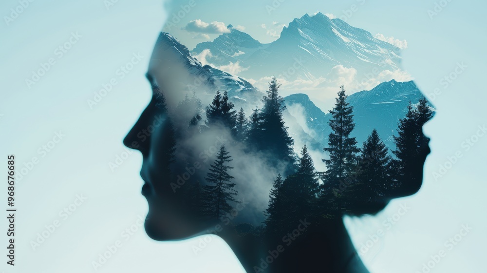 Double exposure silhouette of a person blending with majestic mountain ranges, capturing the grandeur of nature and human spirit, high-definition, detailed textures, dramatic lighting, epic and Double exposure silhouette of a person blending with majestic mountain ranges, capturing the grandeur of nature and human spirit, high-definition, detailed textures, dramatic lighting, epic and